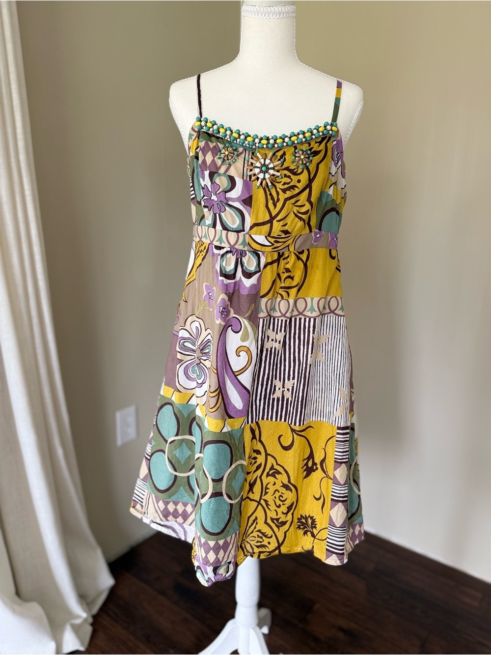 Vintage CAbi Multicolor Patchwork Sundress with Mustard Purple Teal Beading - Picture 6 of 9